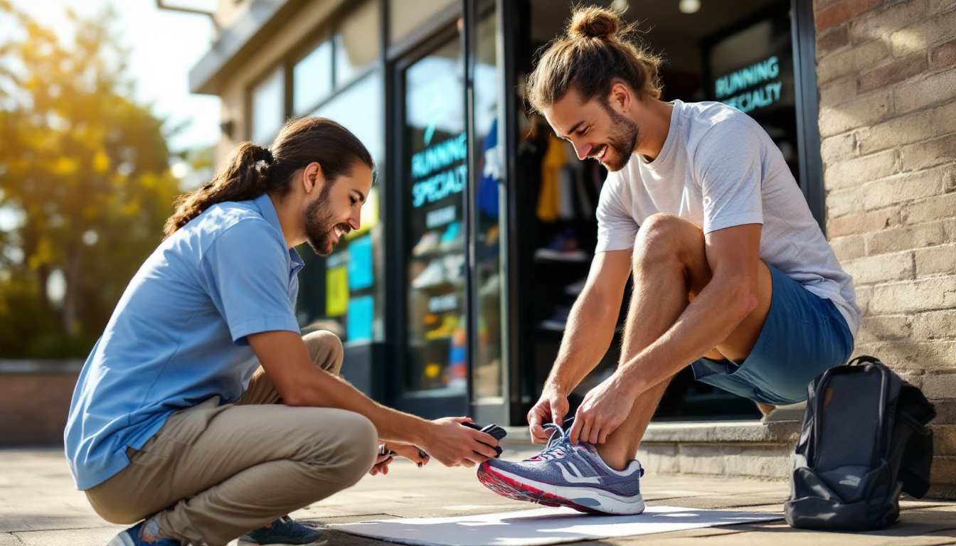 러닝화 매장에서 전문가 도움을 받아 러닝화를 고르는 초보 러너