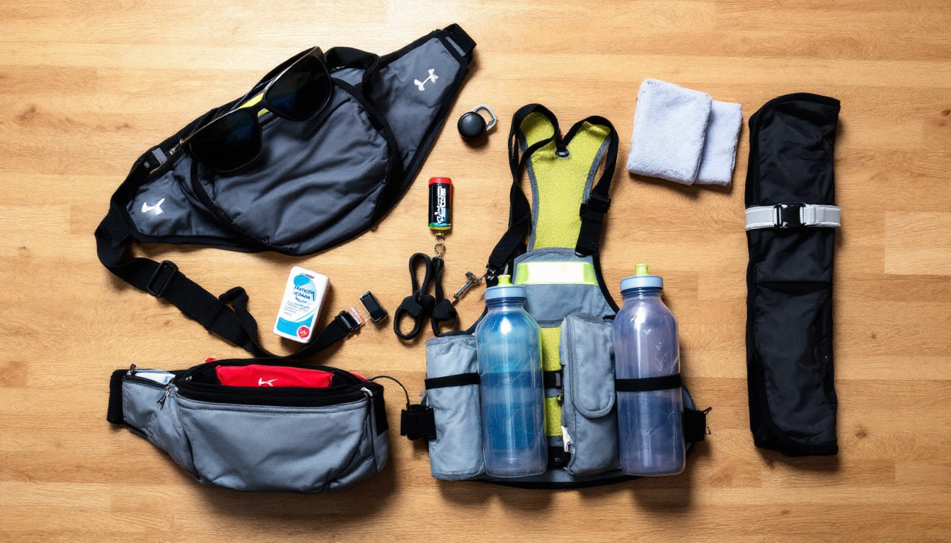 러닝에 필수적인 수분 보충 벨트, 반사 암밴드와 조끼, 러닝 벨트, 자외선 차단 선글라스 등의 소품들
