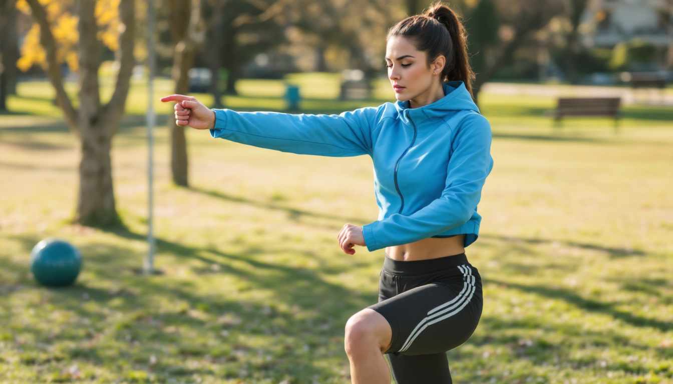 러닝 전에 야외에서 동적 준비운동을 하는 사람이 고관절과 다리를 움직이는 모습