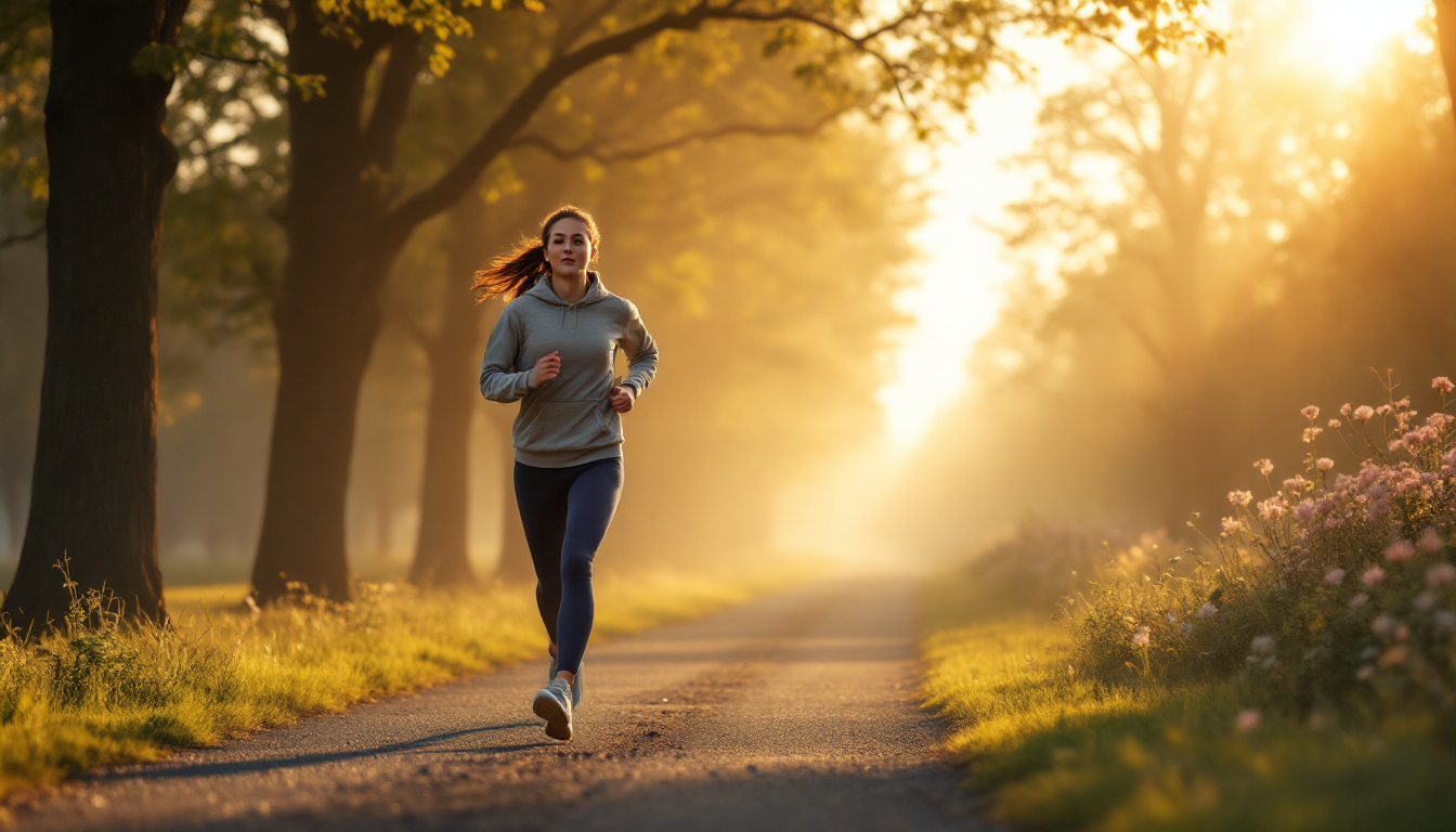 아침 또는 저녁 시간에 자연 속에서 슬로우 러닝을 하며 건강한 운동 루틴을 만드는 모습