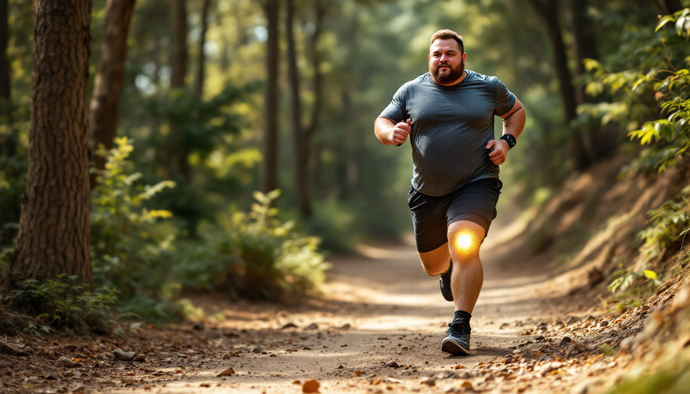 과체중 러너가 달릴 때 무릎과 발목 관절에 가해지는 충격을 보여주는 이미지