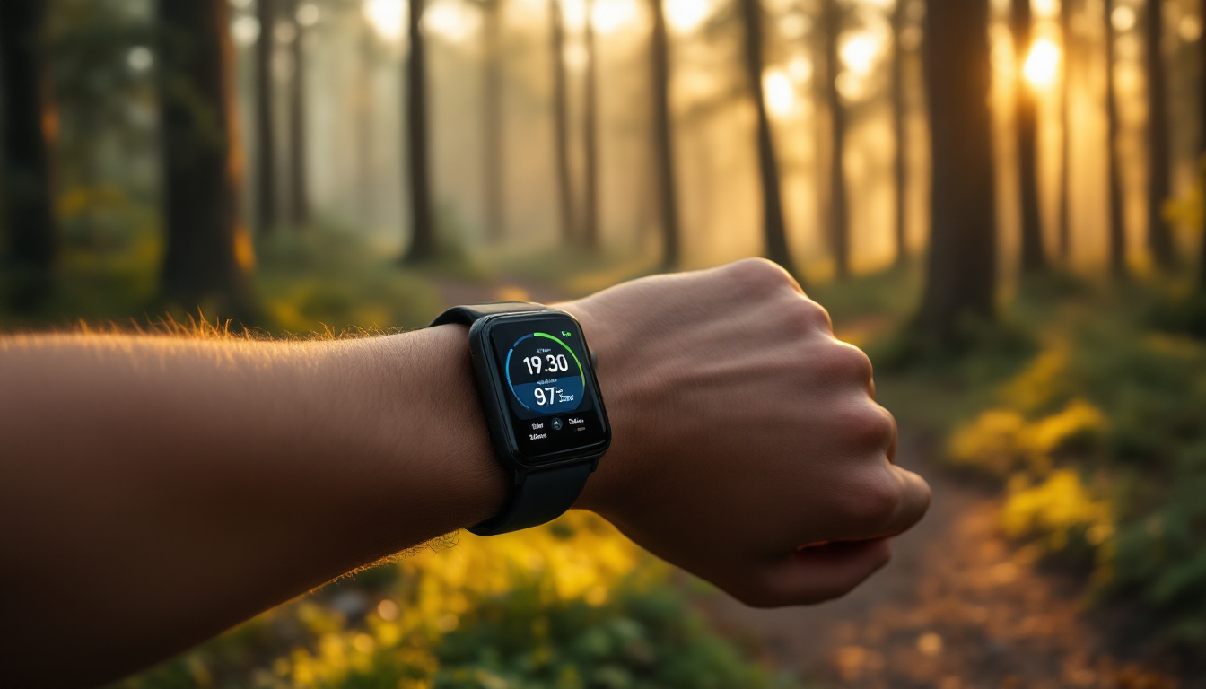 실제 달리기 중 심박수와 GPS 기능이 표시된 스마트워치를 착용한 사람