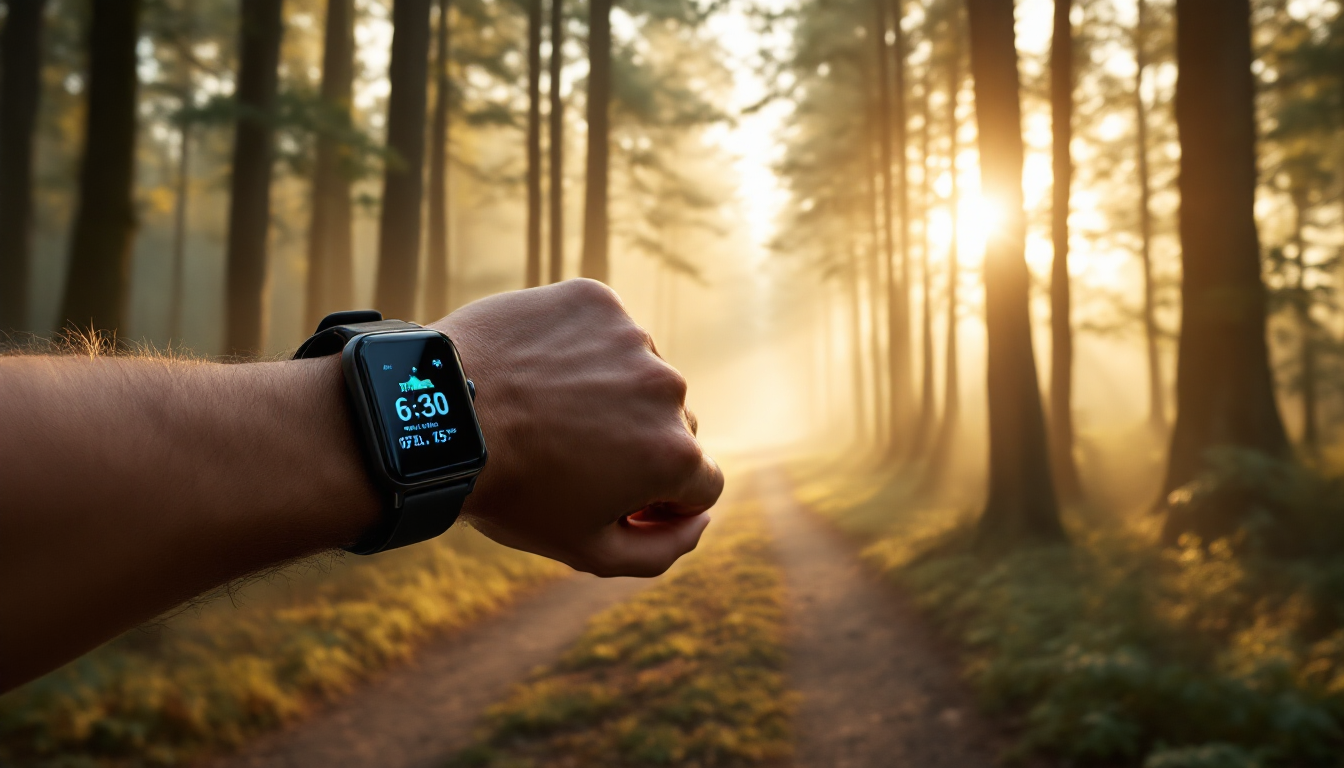 실제 달리기 중 심박수와 GPS 기능이 표시된 스마트워치를 착용한 사람