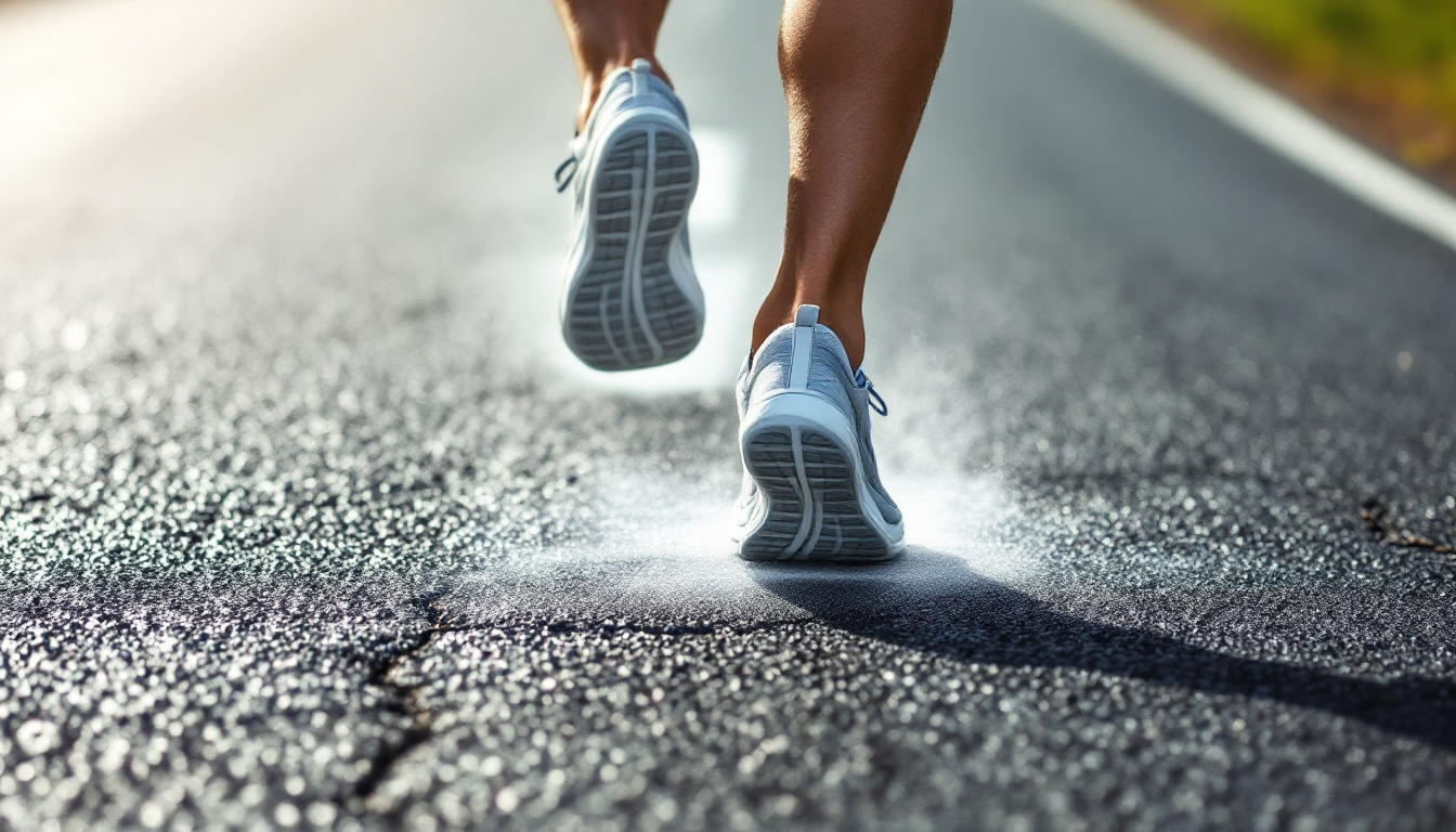 러너의 발이 미드풋으로 부드럽게 착지하는 모습을 클로즈업 촬영한 사진