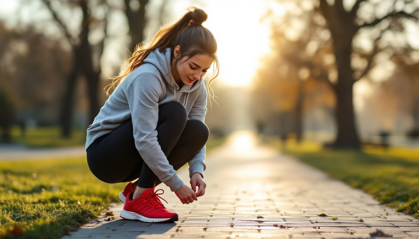 초보 러너가 도시 공원에서 아침 햇살 아래 새 러닝화를 신는 모습