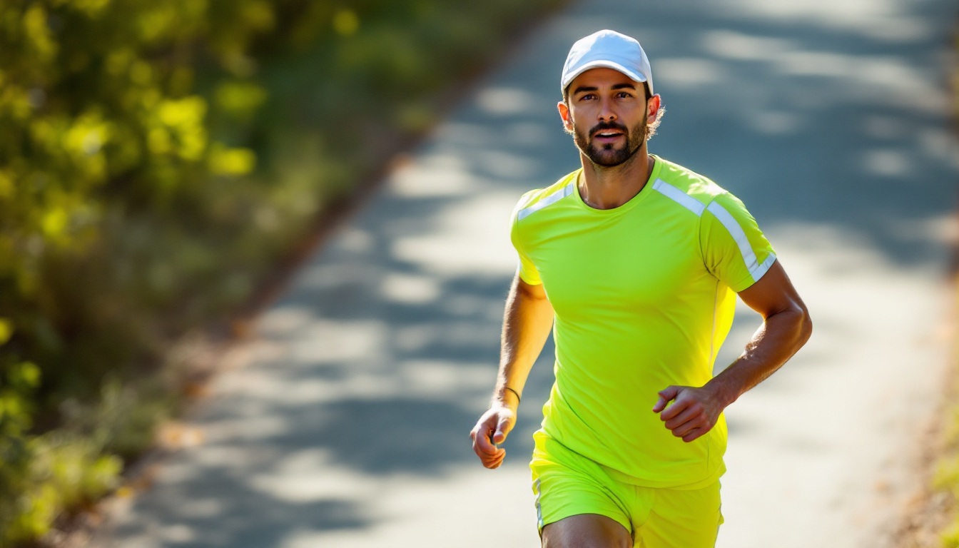 기능성 소재의 러닝 의류와 모자를 착용하고 야외에서 달리는 모습