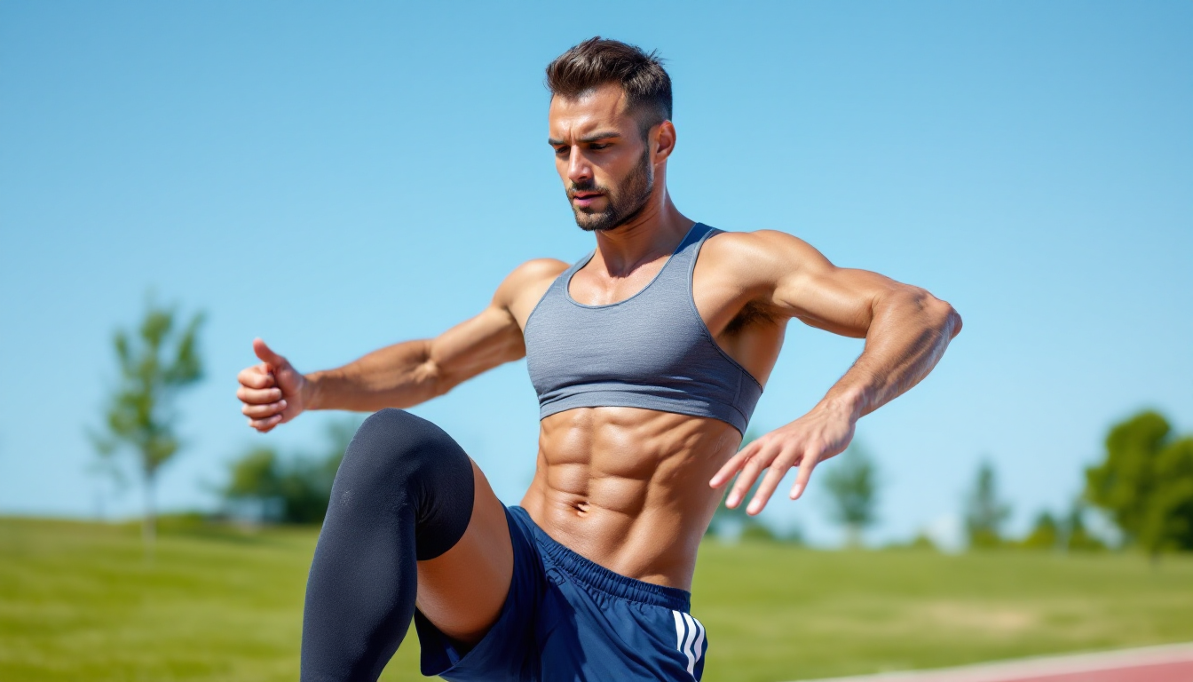 러너가 야외에서 동적 스트레칭 운동을 하는 모습