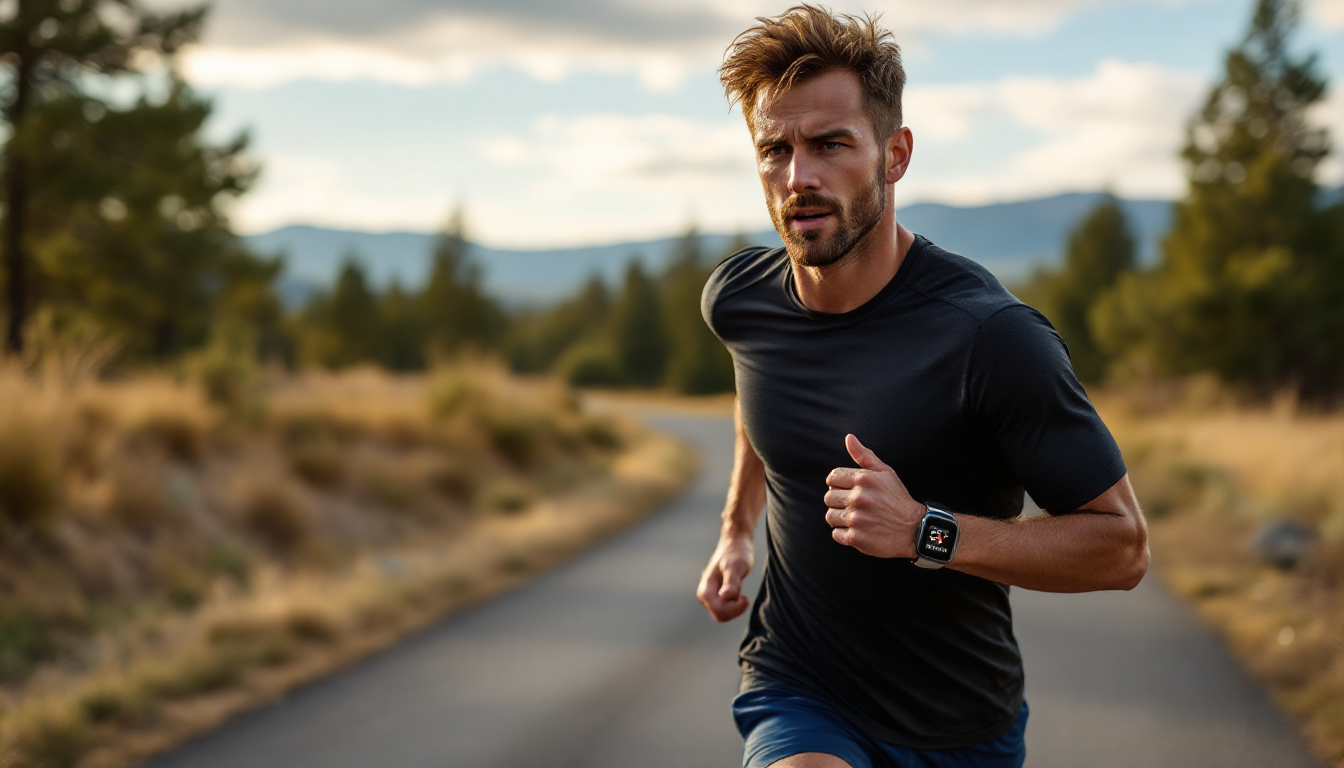 스마트워치로 심박수와 5km 기록 데이터를 확인하는 러너의 모습