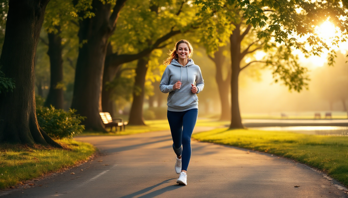 평온한 이른 아침 공원에서 느린 속도로 조깅하는 사람의 모습