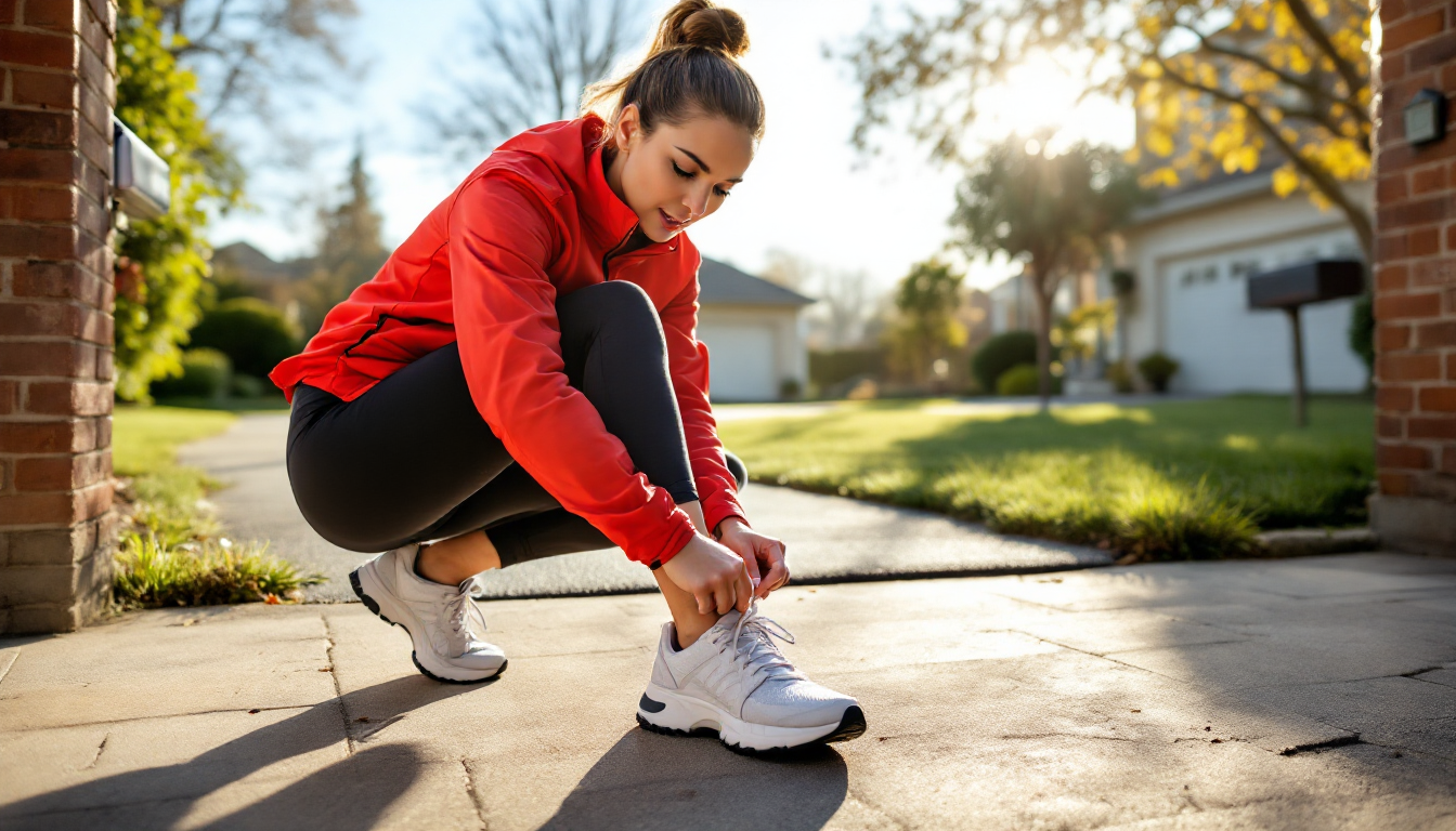 누군가 집 현관에서 러닝화를 묶고 5km 달리기를 준비하는 모습