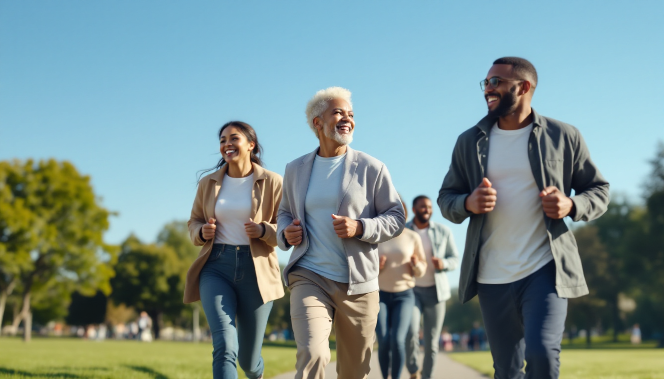 사람들이 공원에서 느린 속도로 달리며 웃고 편안하게 대화하는 모습