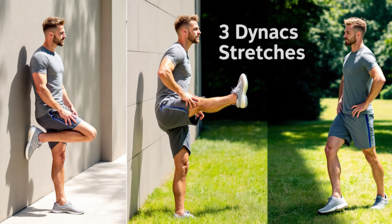 슬로우 러닝을 위한 간단한 동적 스트레칭 3가지 동작을 하는 모습의 단계별 설명 이미지