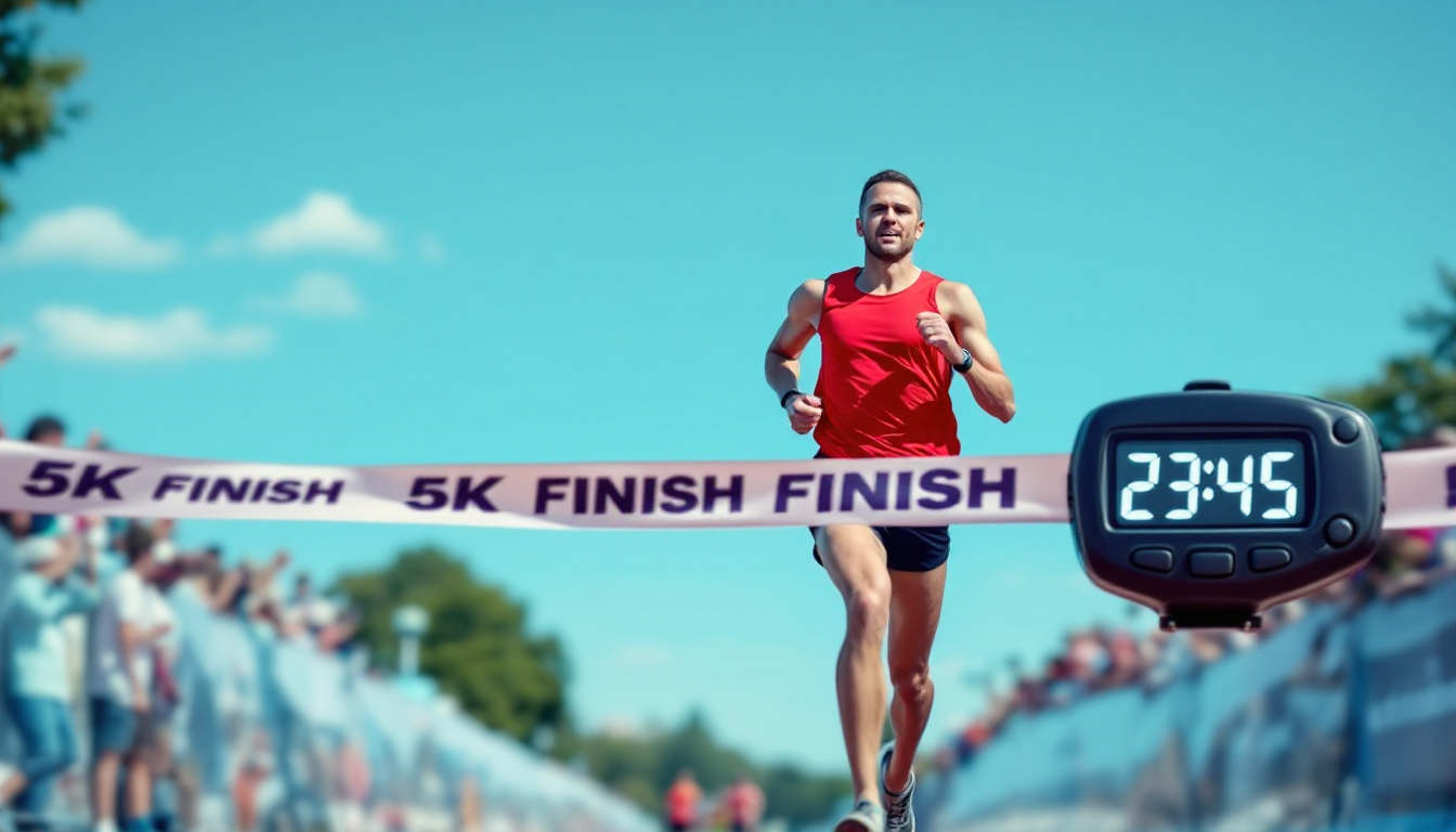 러너가 5km 완주 지점을 지나면서 기록을 측정하는 순간