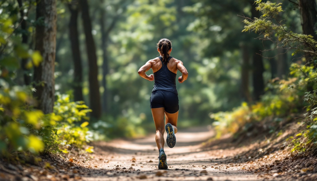 올바른 달리기 자세를 보여주는 선명한 운동선수가 산책로에서 올바른 표정과 몸 자세를 취하는 모습