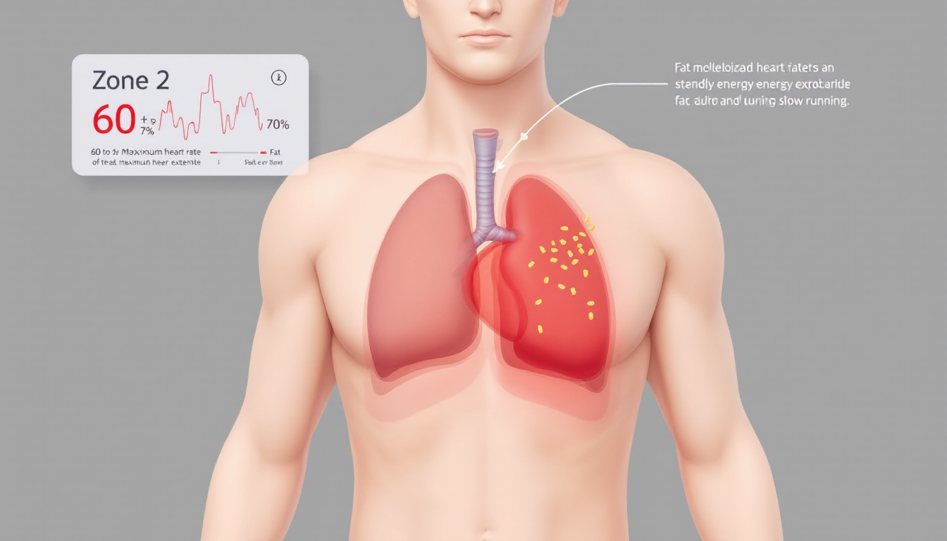 슬로우 러닝의 지방 연소와 존2 심박수 구간을 설명하는 인체와 심박수 모니터 시각화