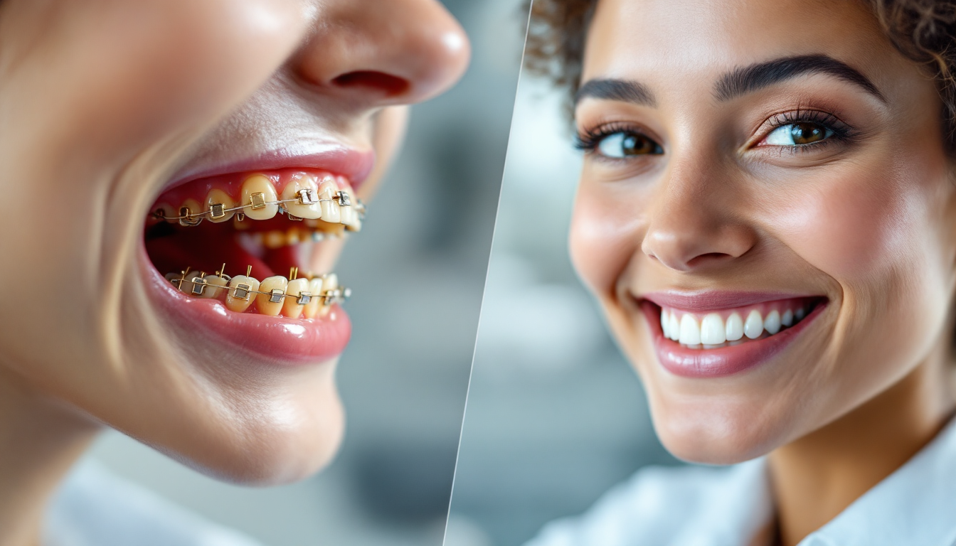 교정 전 부정교합 치아와 교정 후 가지런한 치아와 턱뼈 구조 비교