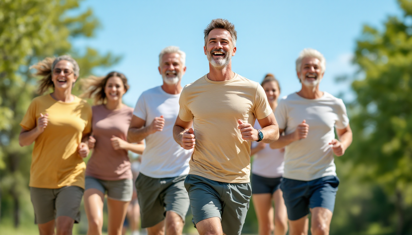 여러 연령대의 사람들이 웃으며 공원에서 편안하게 슬로우 러닝 하는 모습