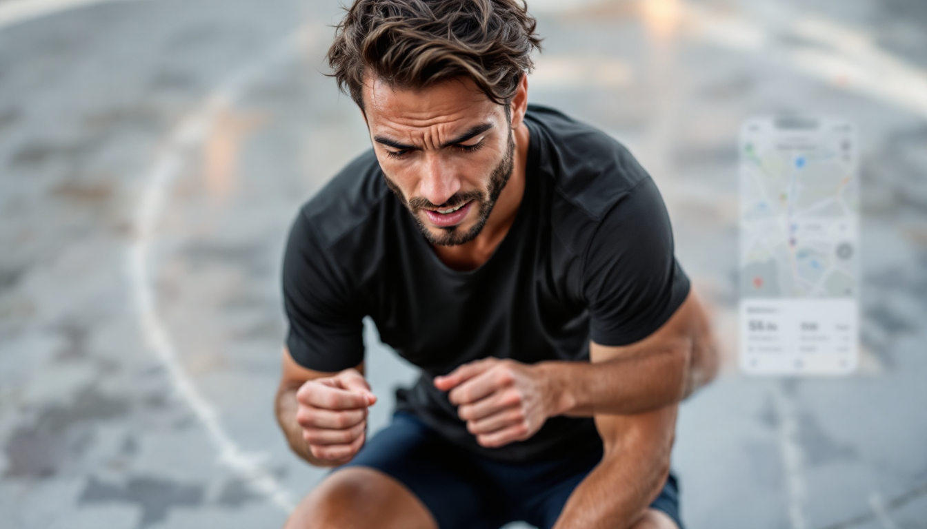 5km 완주를 준비하며 신발 끈을 묶고 계획을 확인하는 러너 모습