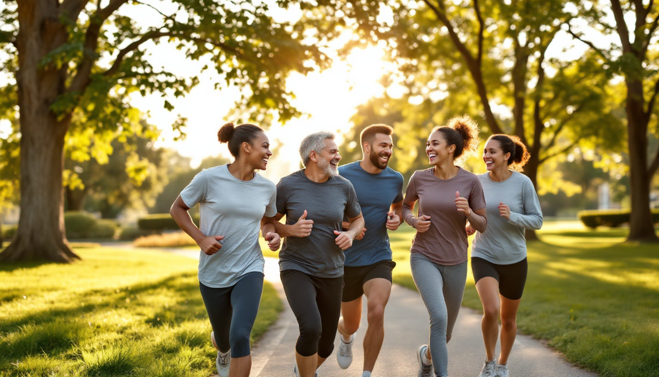도시 공원에서 함께 웃으며 달리며 서로 격려하는 러닝 동료들 덩어리