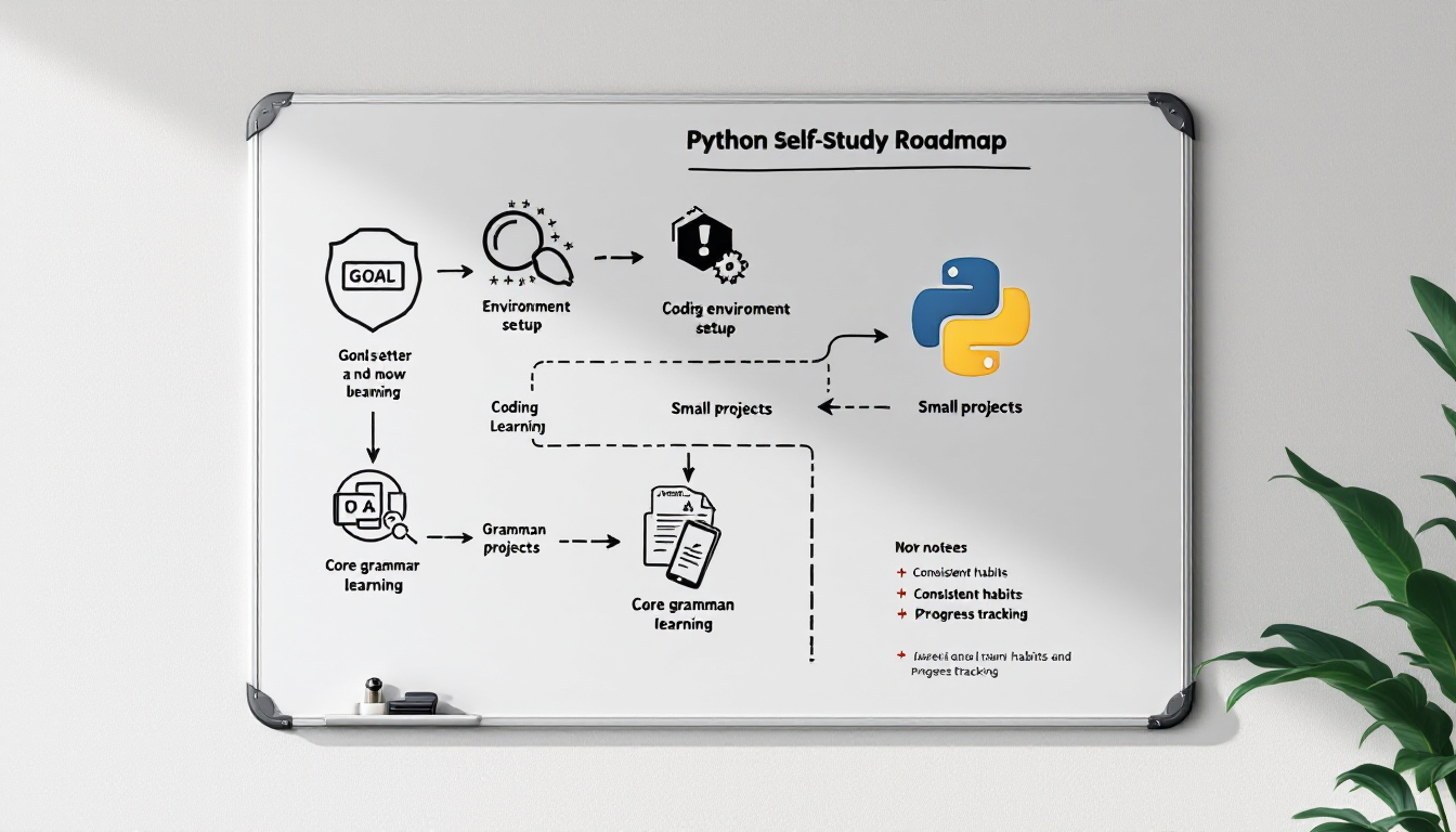 4단계 파이썬 기초 독학 로드맵을 벽에 붙인 플로우차트나 지도, 각 단계별 아이콘과 설명이 포함된 시각적 안내서