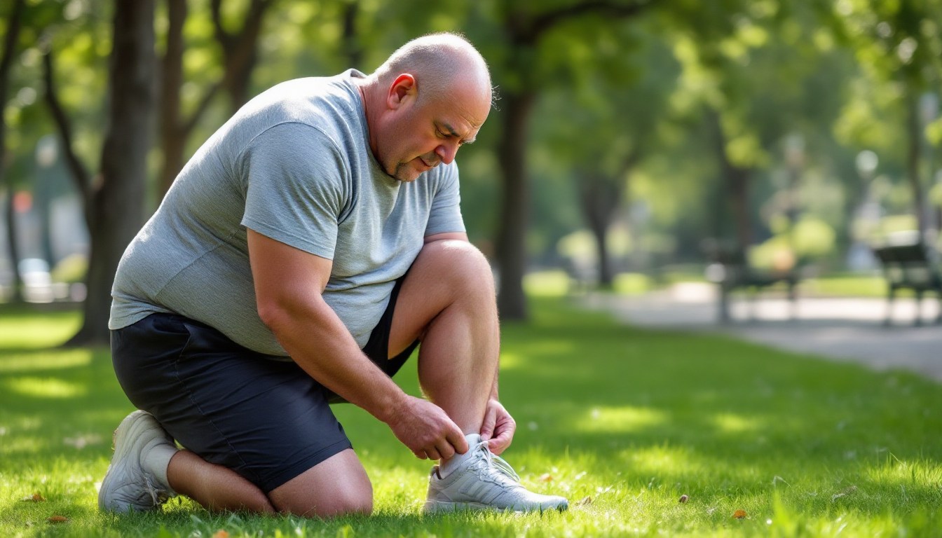 과체중 러너가 도시 공원에서 러닝 준비를 하는 모습
