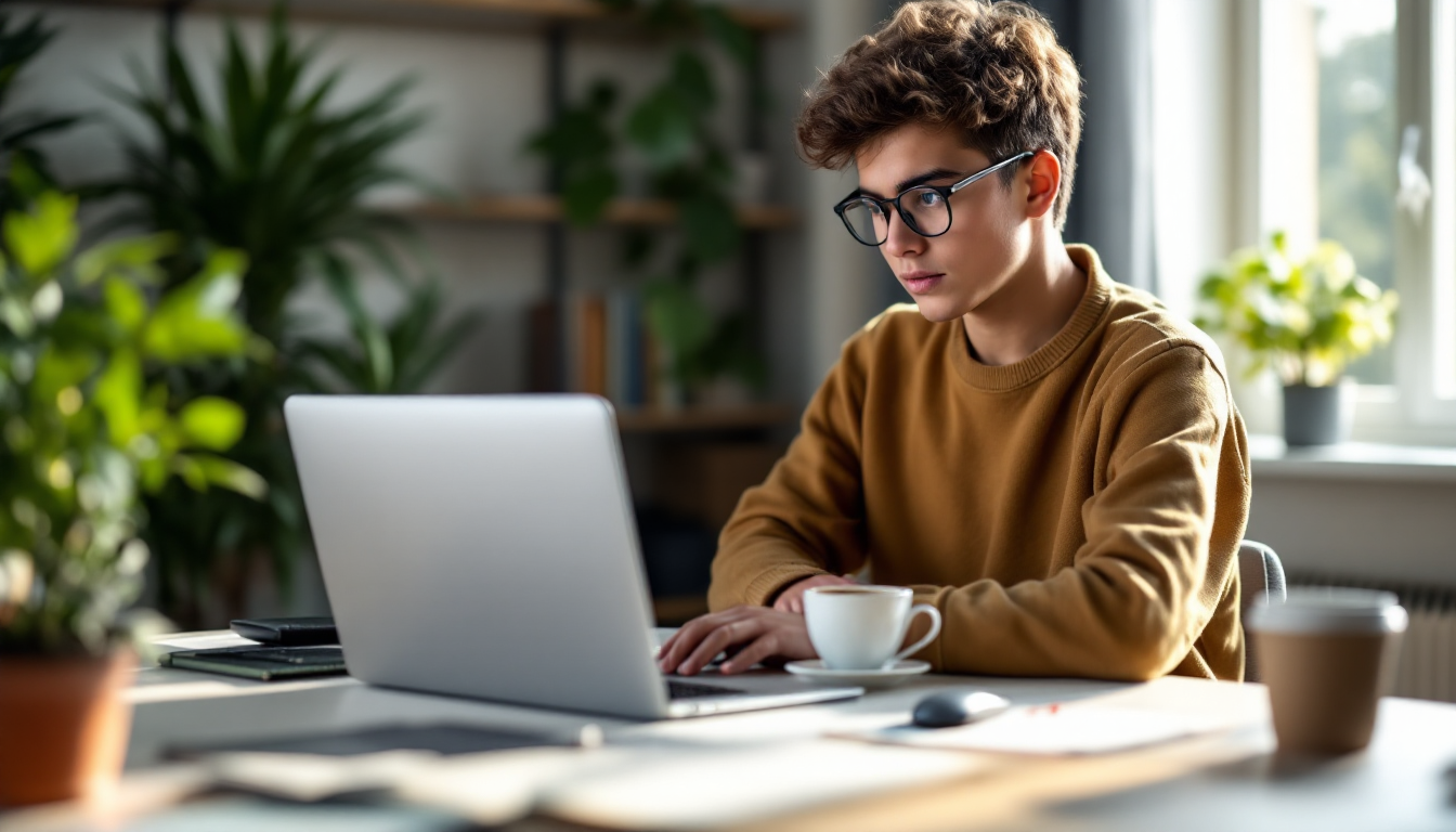 컴퓨터 책상에서 파이썬 프로그래밍을 공부하는 젊은 학습자 모습, 화면에 간단한 파이썬 코드가 보임