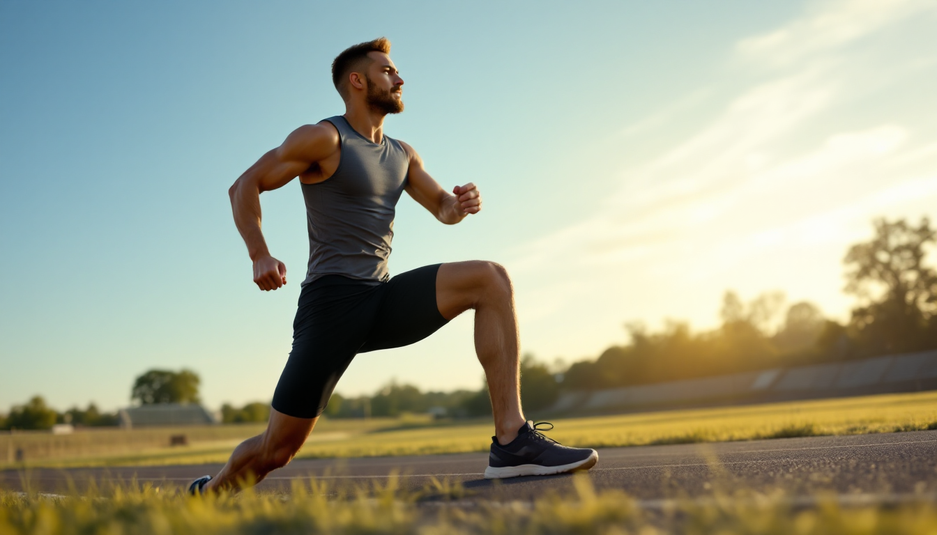 러너가 트랙에서 다이나믹 스트레칭으로 워밍업하는 모습