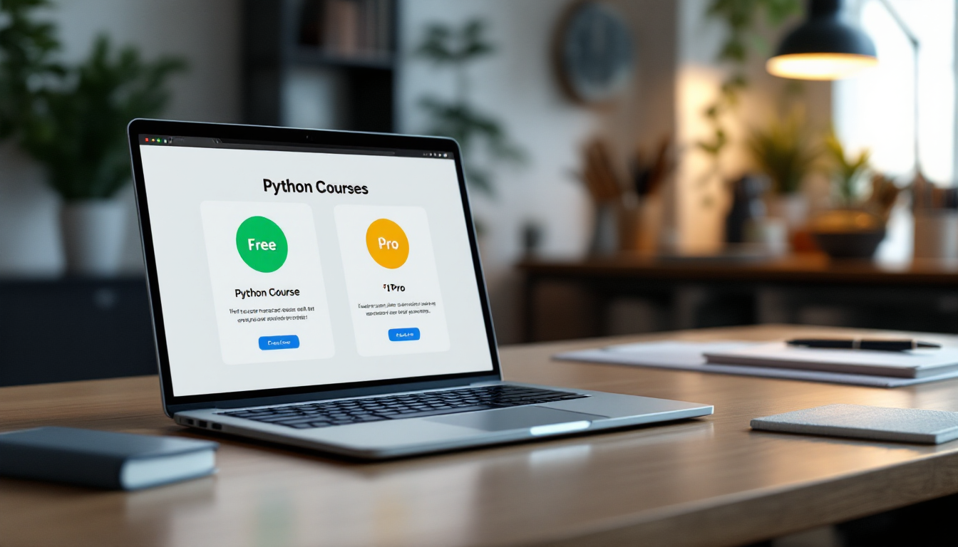온라인 파이썬 강의 인터페이스가 보이는 노트북 화면, 무료 및 유료 강의 선택이 명확히 구분된 모습, 2025년 신뢰받는 학습 플랫폼 상징