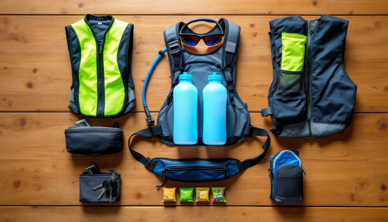 러닝에 필수적인 수분 보충 벨트, 반사 암밴드와 조끼, 러닝 벨트, 자외선 차단 선글라스 등의 소품들