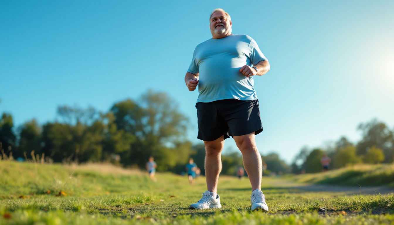 과체중 러너가 마라톤 준비를 위해 아침 공원에서 훈련 준비하는 모습