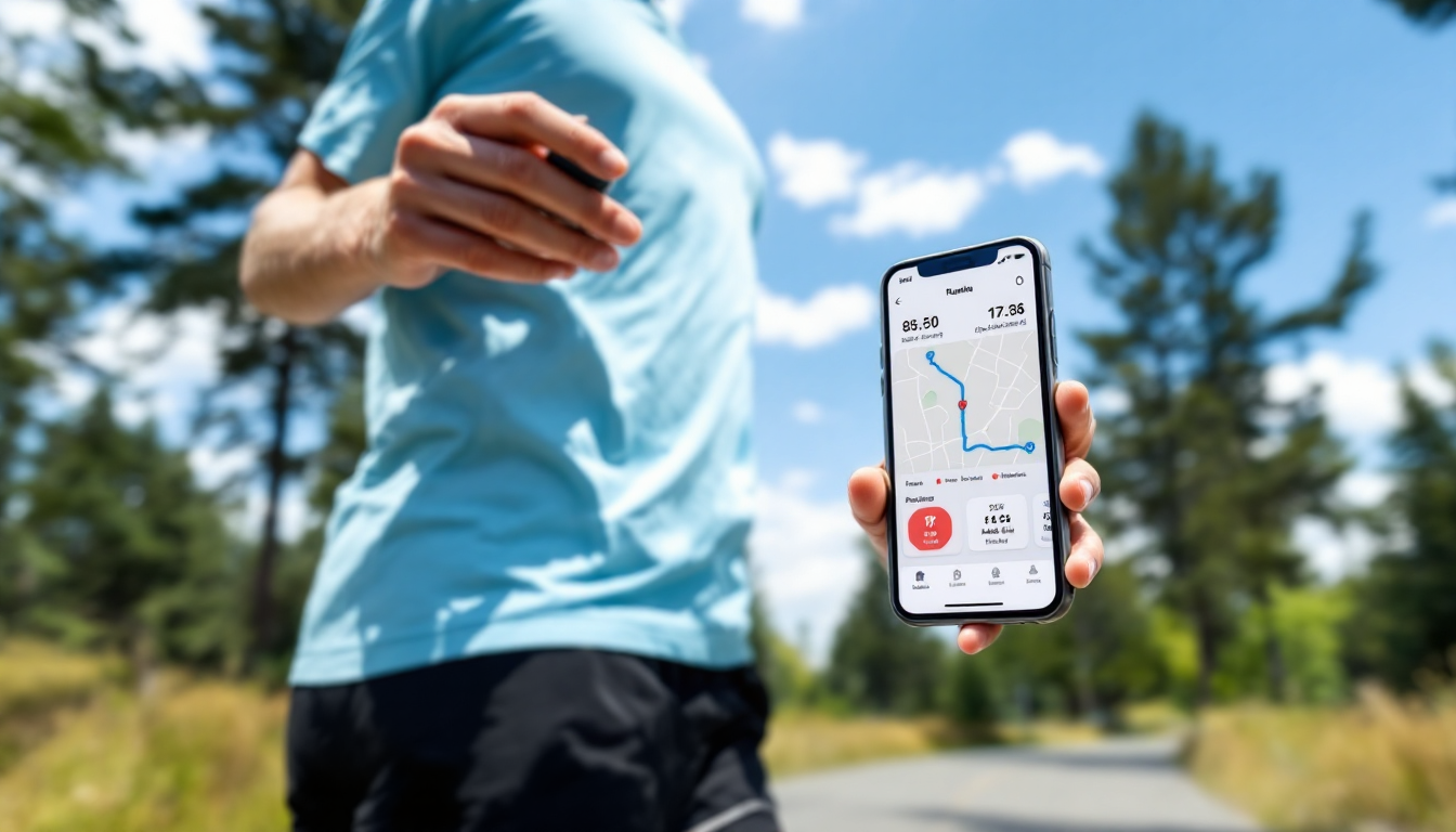 주행 후 스마트폰으로 러닝 앱을 확인하며 달리기 기록과 경로를 보는 사람 모습