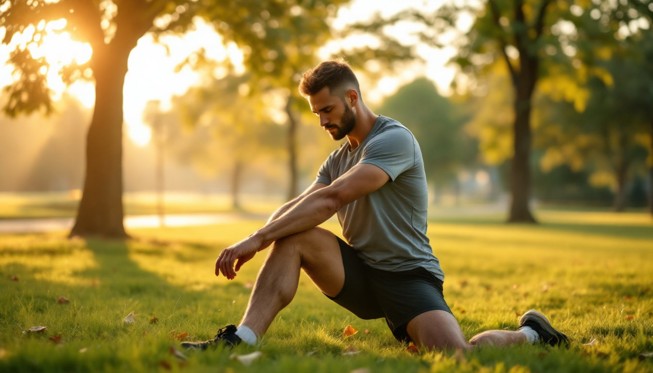 5km 러닝 후 하체 근육을 중심으로 정적 스트레칭하는 쿨다운 모습 이미지