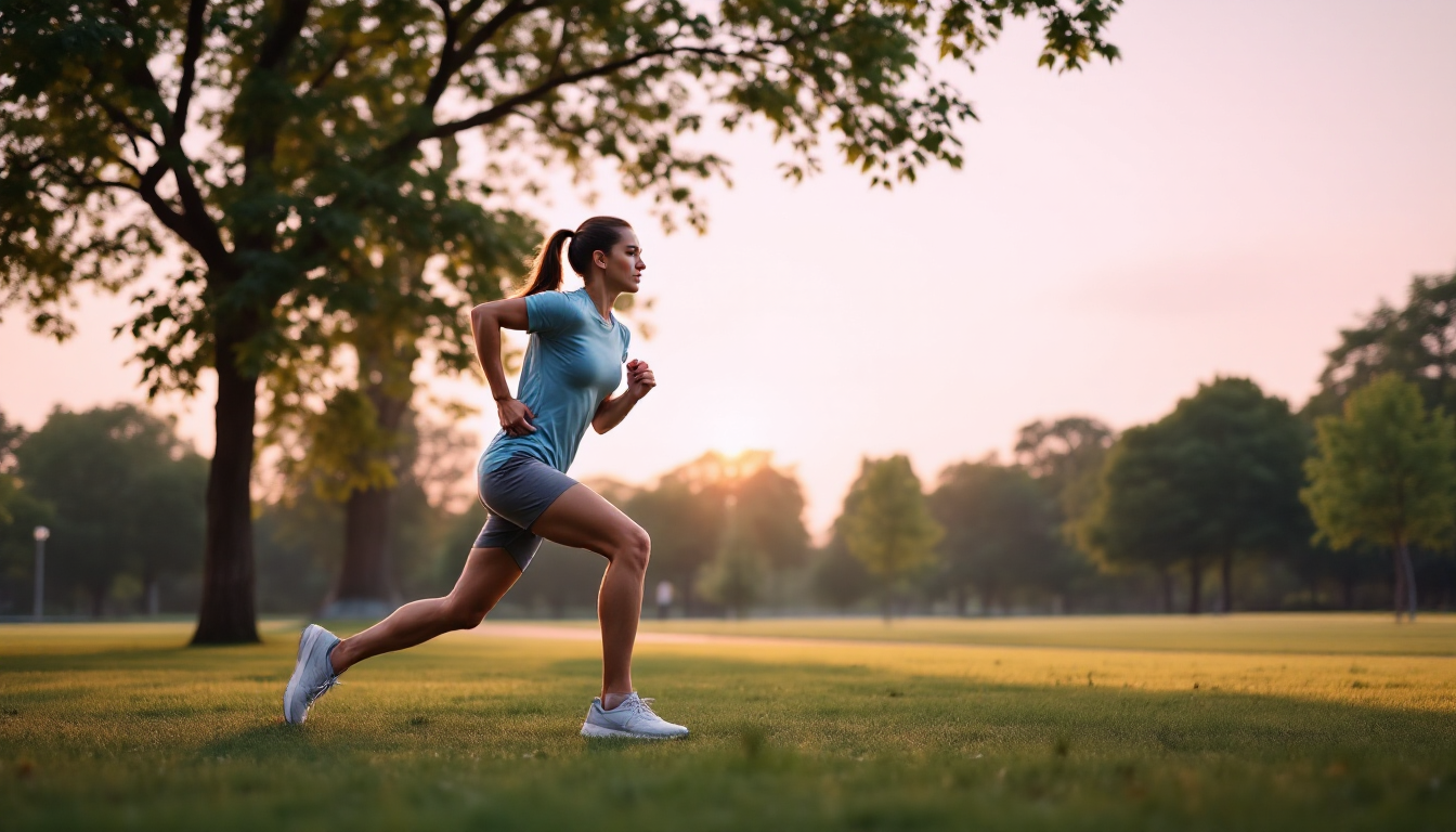 초보자가 공원에서 레그 스윙과 워킹 런지 같은 동적 스트레칭을 하는 모습