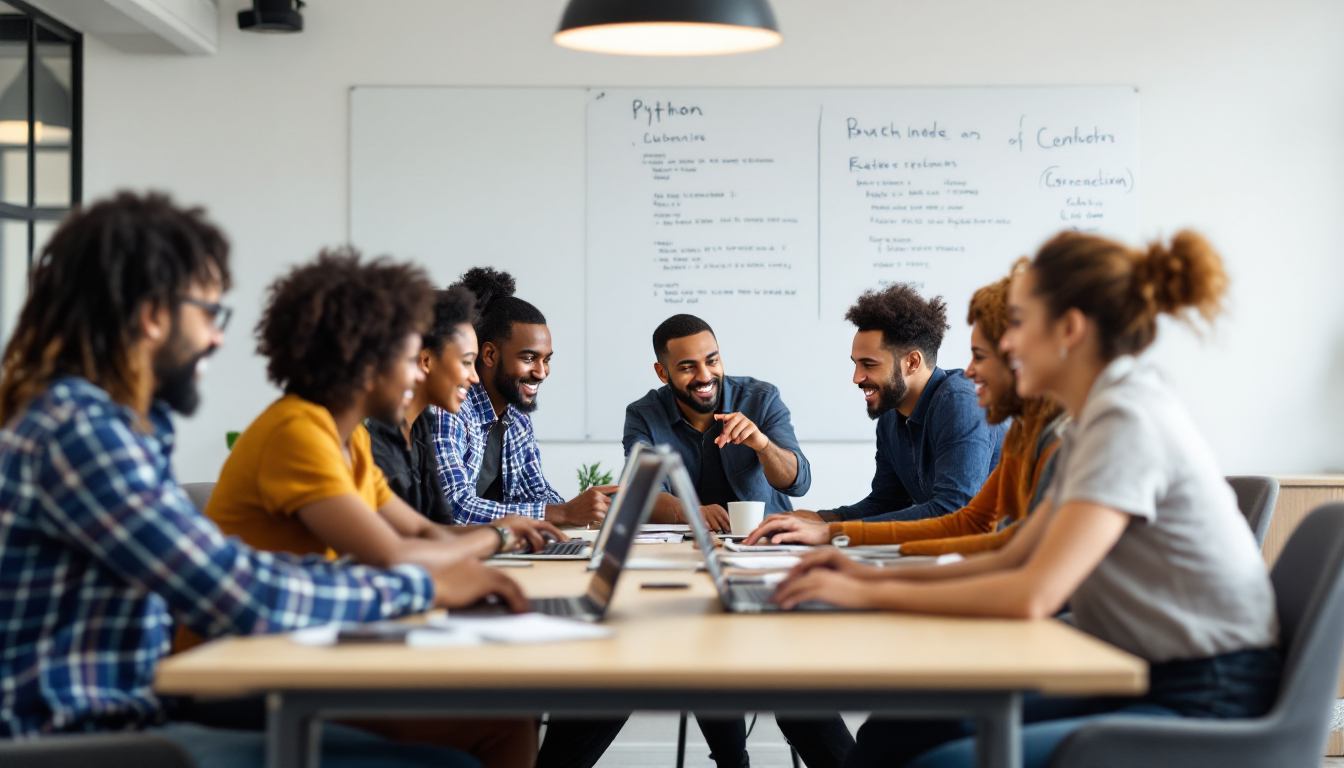 파이썬 코드를 함께 작성하며 서로 응원하는 다양한 사람들이 보이는 장면, 꾸준한 학습과 커뮤니티 지원을 상징함