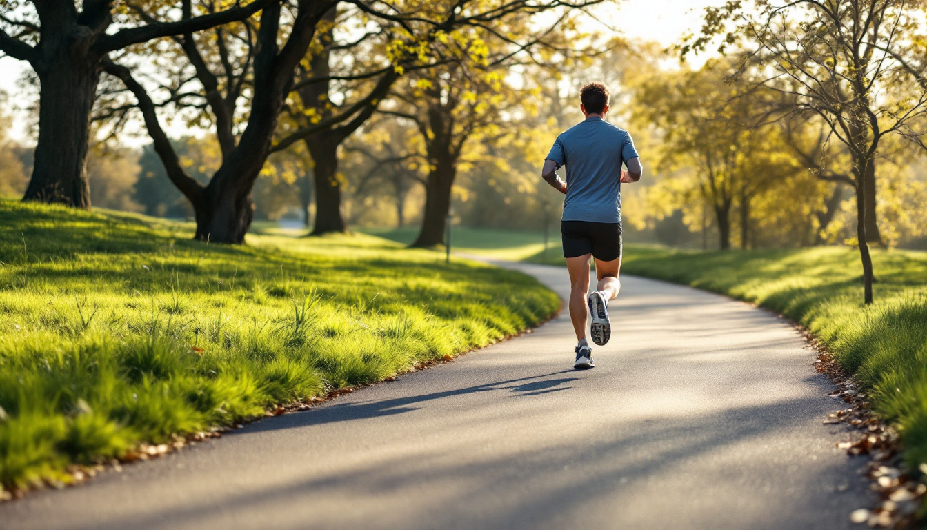 기능성 운동복을 입고 올바른 자세로 달리는 초보 러너의 모습