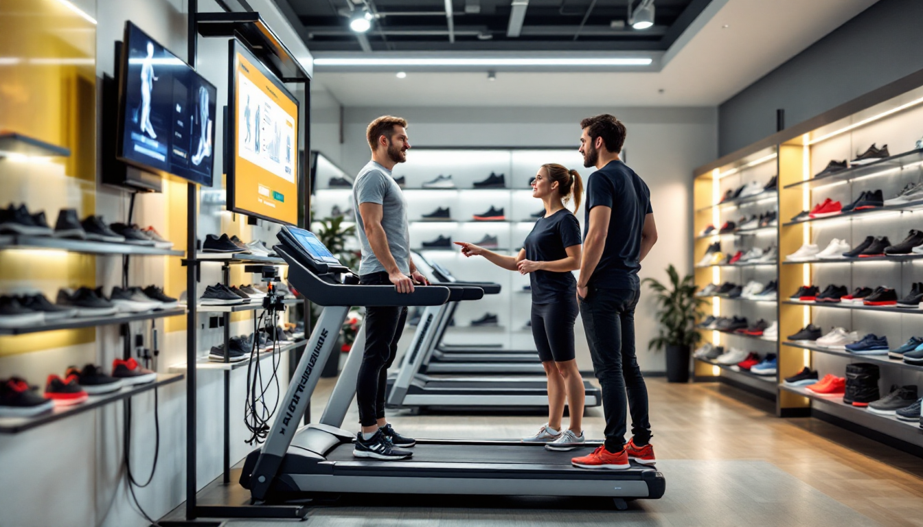 러닝화 전문 매장에서 발 분석을 받고 있는 고객과 매장 내부 모습
