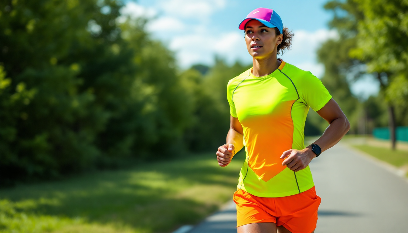 기능성 소재의 러닝 의류와 모자를 착용하고 야외에서 달리는 모습