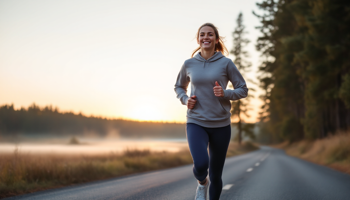 초보 러너가 상쾌한 아침 공기를 마시며 도로에서 달리기 시작하는 모습