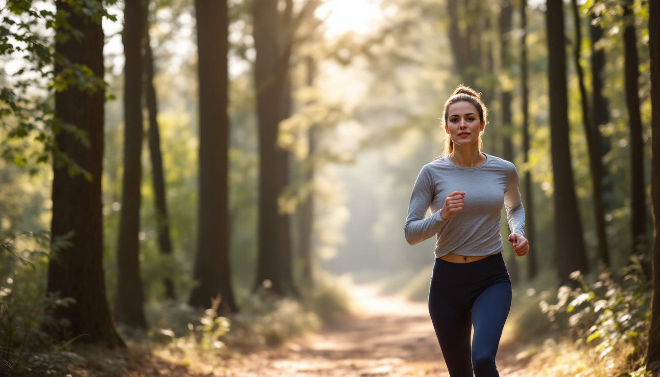 숲길에서 혼자 느리게 달리며 자연을 즐기고 여유롭게 호흡하는 러너의 평화로운 모습